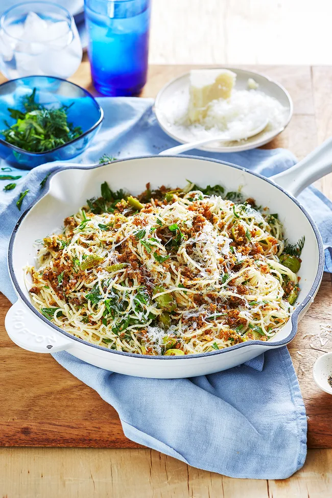 Angel hair pasta with garlic, olives and herbs