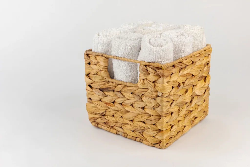 storing rolled towels in a basket