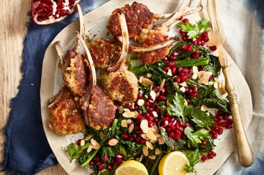 Parmesan-crusted lamb cutlets with Mediterranean greens