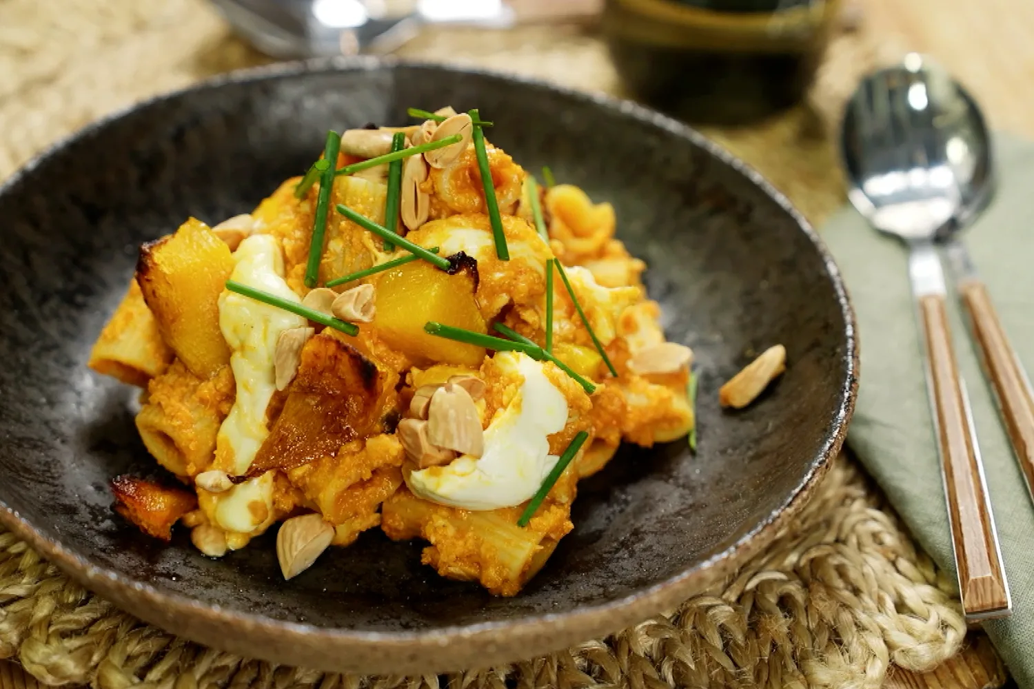 Creamy pumpkin, almond and three cheese pasta.