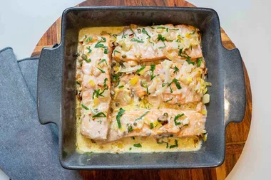 Creamy leek and salmon tray bake