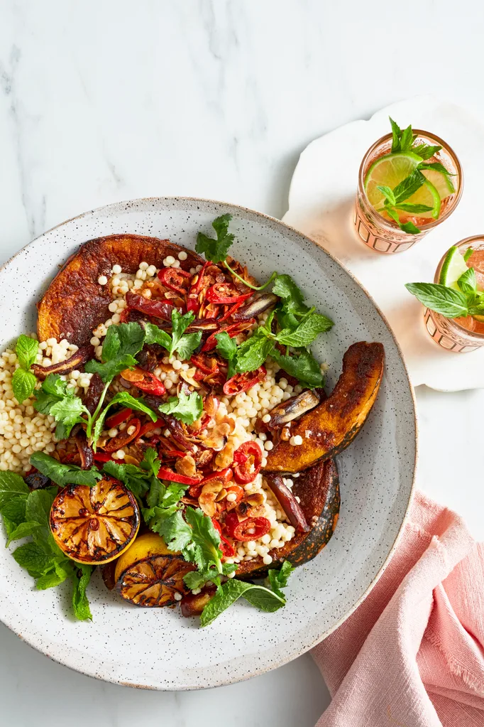 pumpkin date almond moghrabieh salad