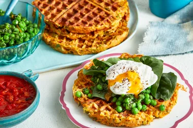 Sweet potato waffles with poached eggs and mint peas