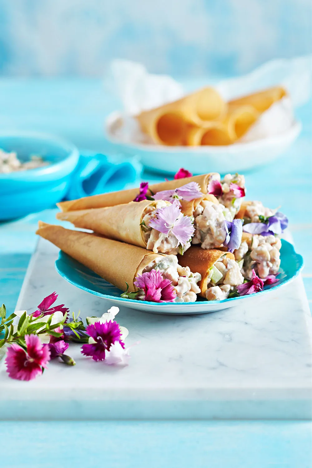 Wafer chicken and walnut cones