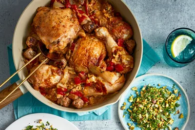 Chicken scarpariello with pistachios and capers