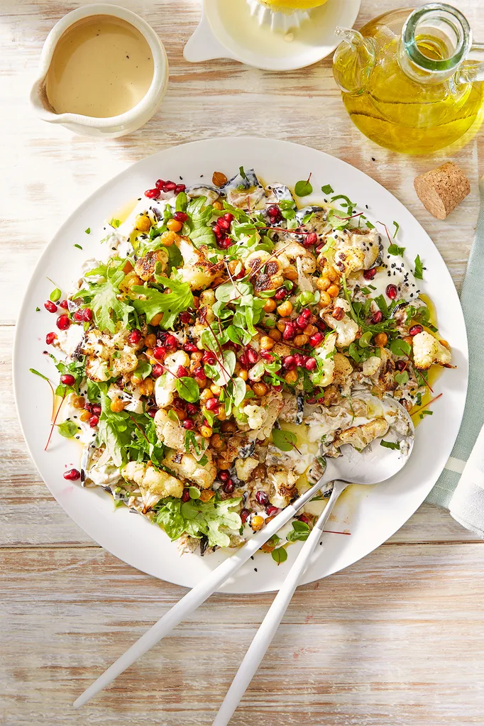 Roasted cauliflower salad with eggplant smash