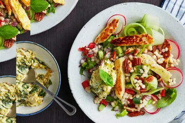 Pearl couscous salad bowls with pesto cream and pecans
