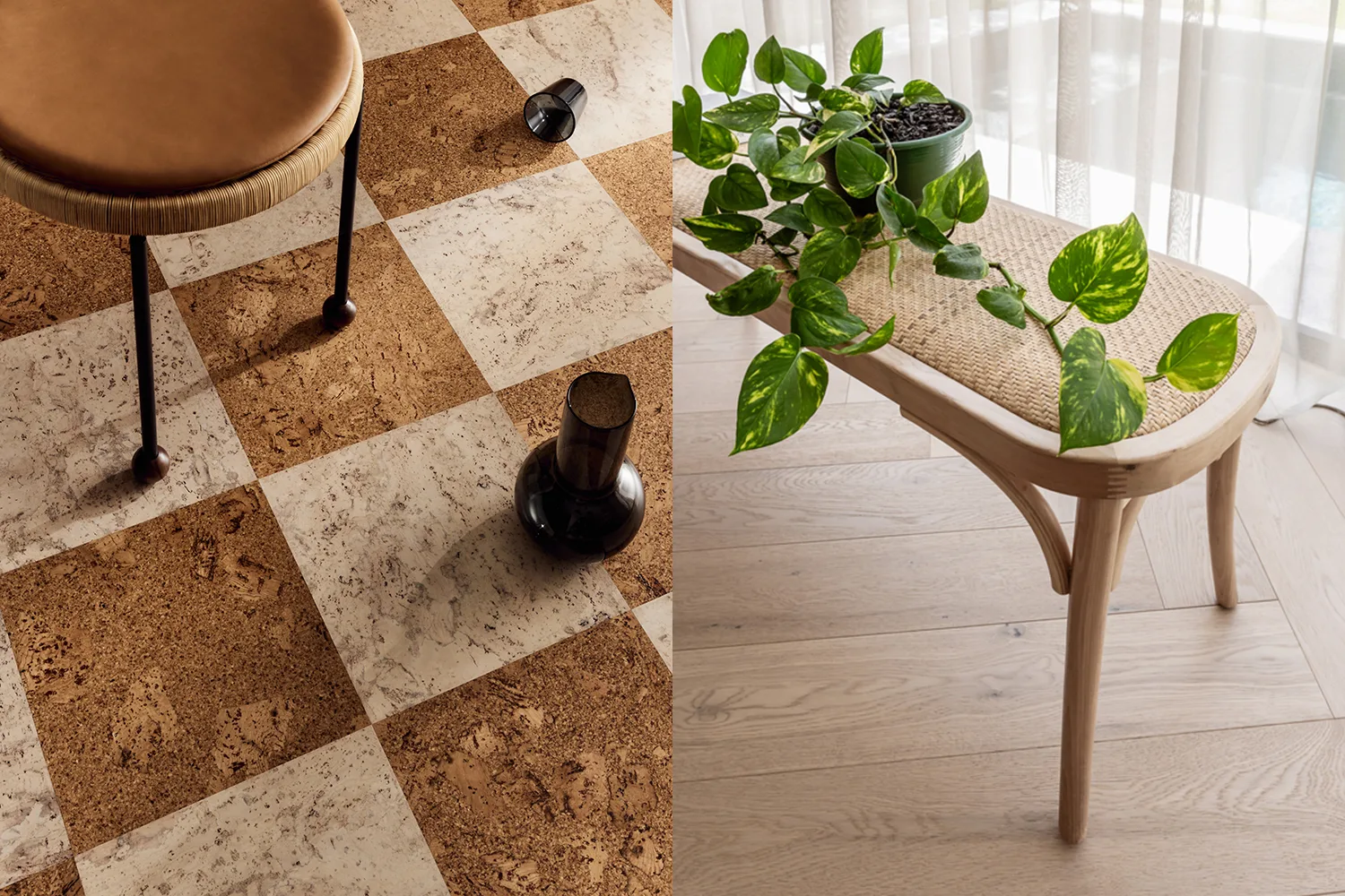 cork tiles and floorboards with plant on bench