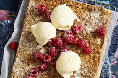 Raspberry and oat crumble slice