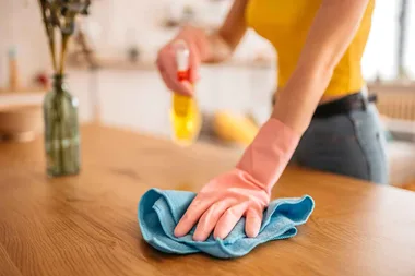 woman dusting using dust repellent spray