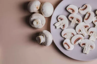 button mushrooms on a plate to make vegan bacon