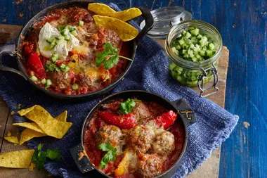 Mexican-style baked meatballs with smoky beans