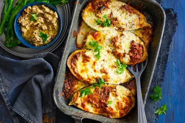 Mousakka-stuffed eggplants