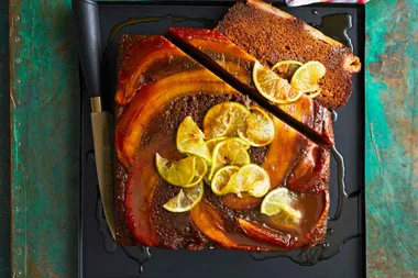 Banana and orange upside-down cake with lime caramel sauce