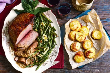 Air fryer roast beef with potato stacks and porcini sauce