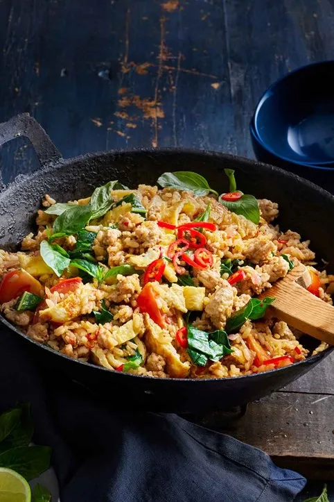 larb thai friend rice with chicken mince