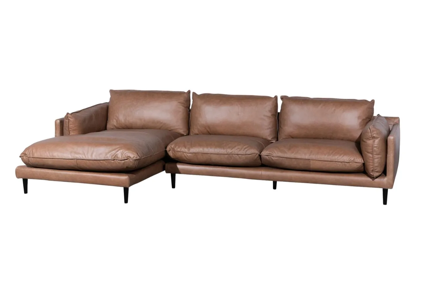 Lucio 4-seater left chaise leather sofa in Saddle brown