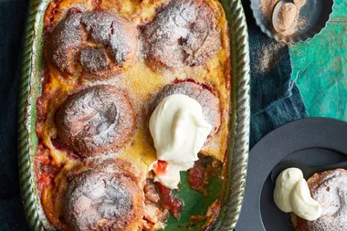 Rhubarb-berry donut pudding