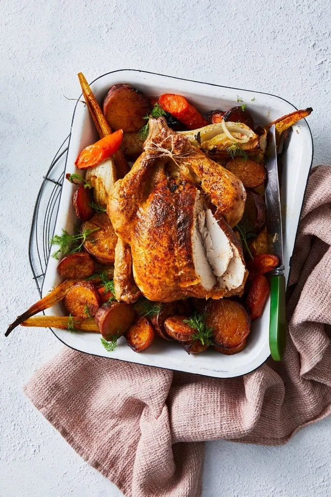 roast chicken and vegetables tray bake