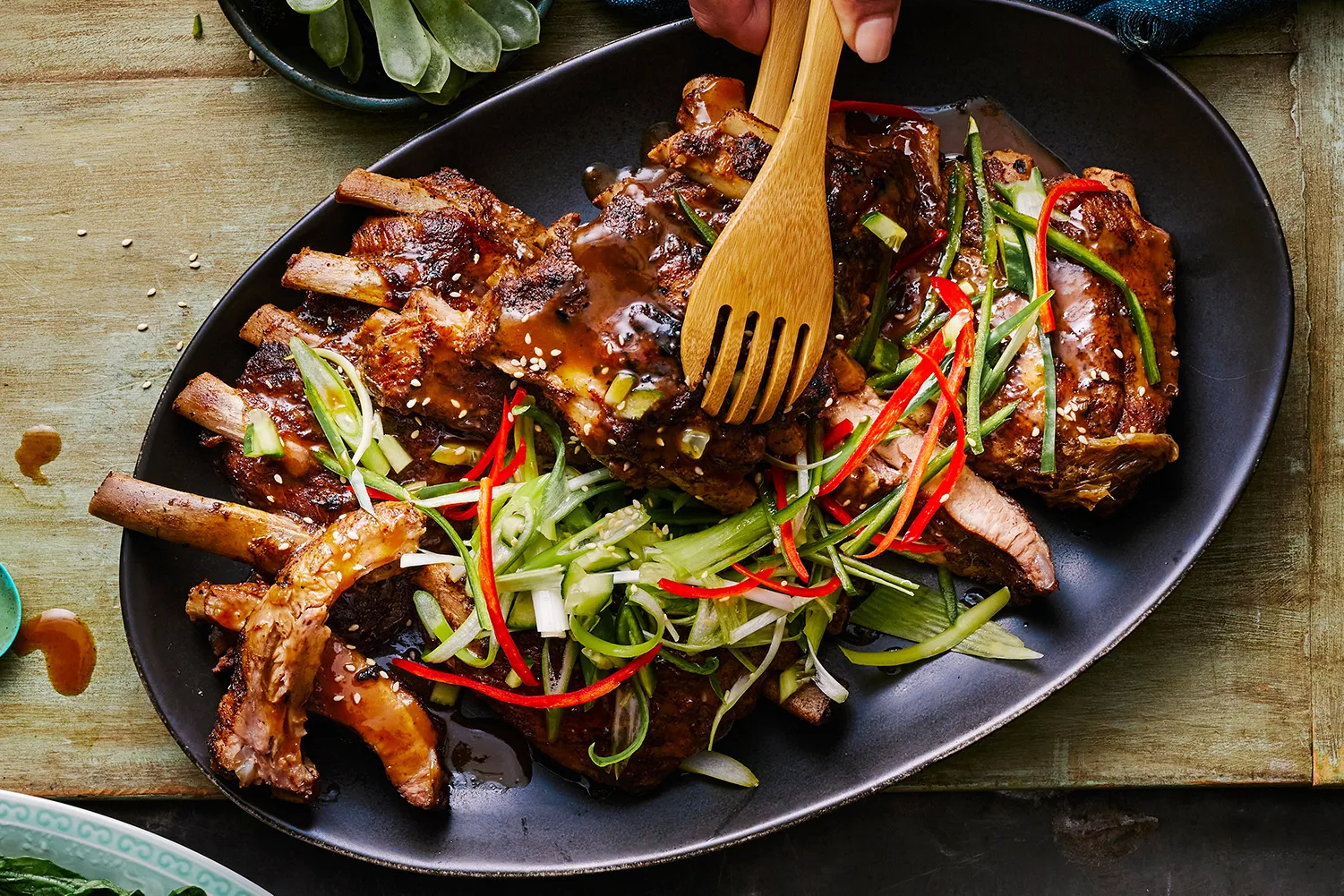 Caramel pork ribs with Asian greens