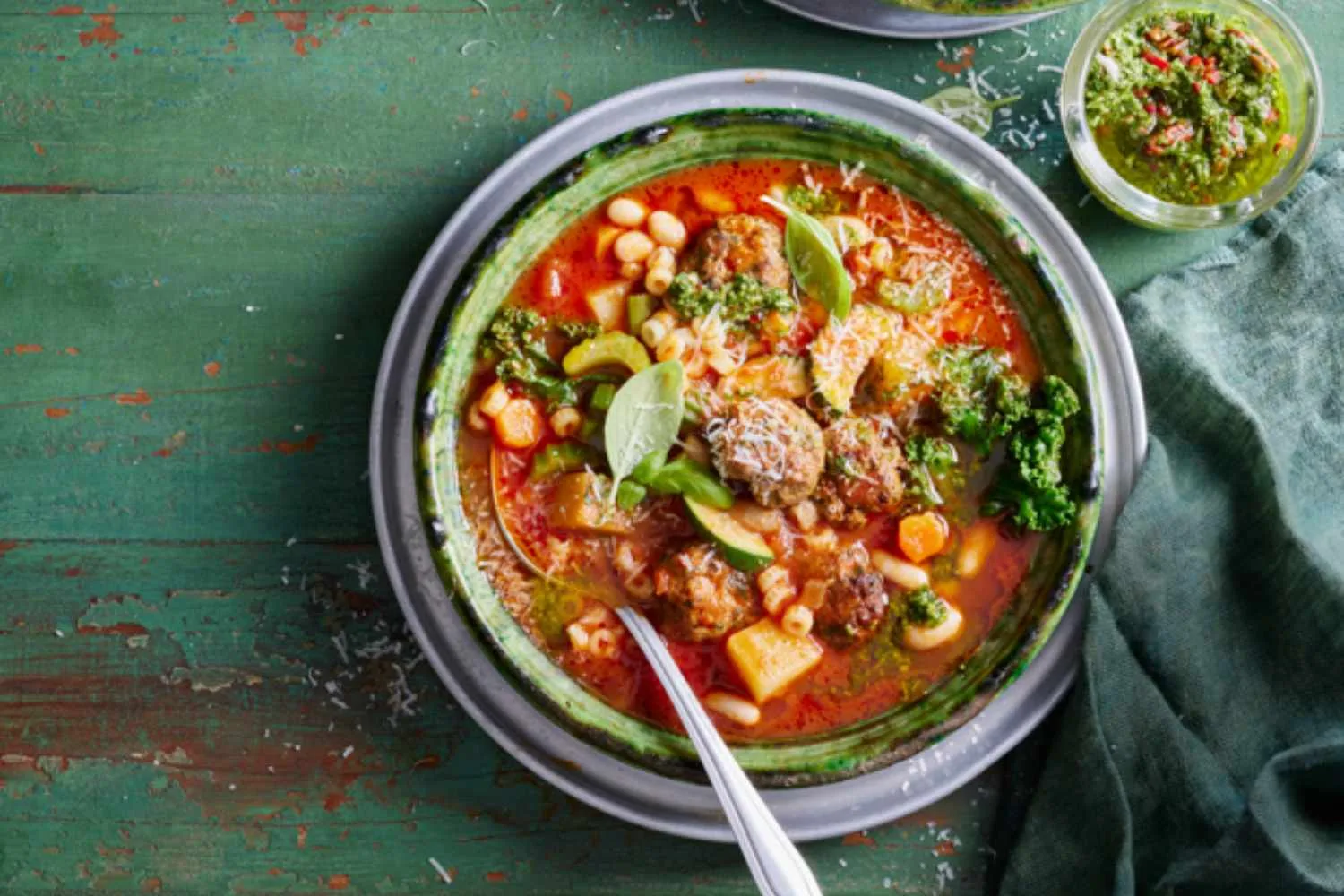 Meatball minestrone soup with chilli basil pesto