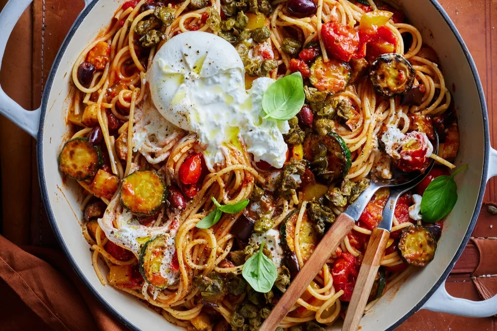 Caponata and burrata pasta.