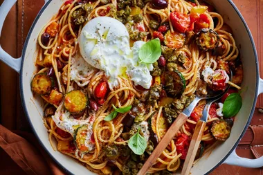 Caponata and burrata pasta.