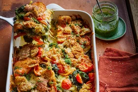Pesto vegetable bake.