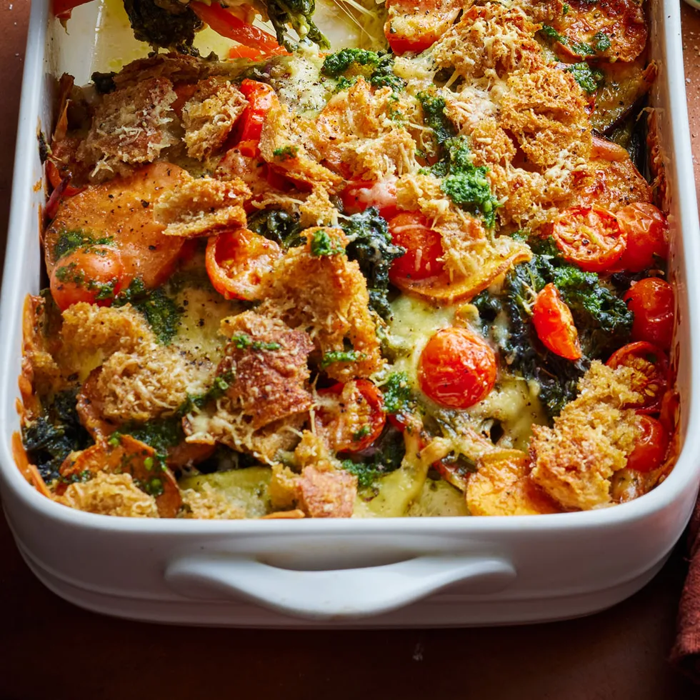 pesto vegetable bake in large baking dish