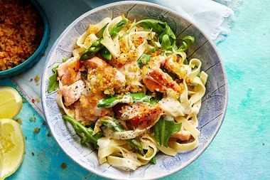Lemony hot-smoked salmon pasta with chilli pangrattato