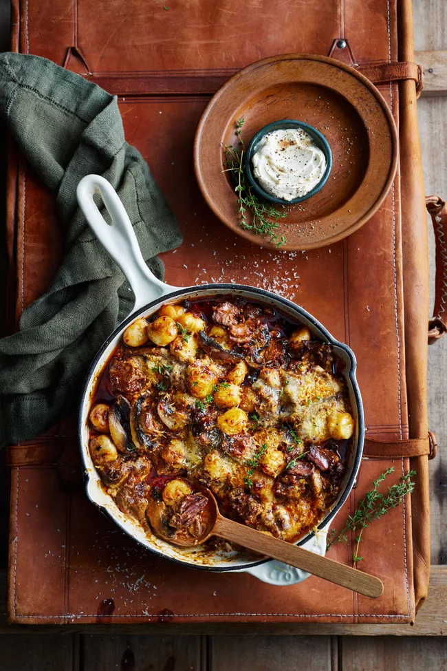 beef stroganoff gnocchi in a pan