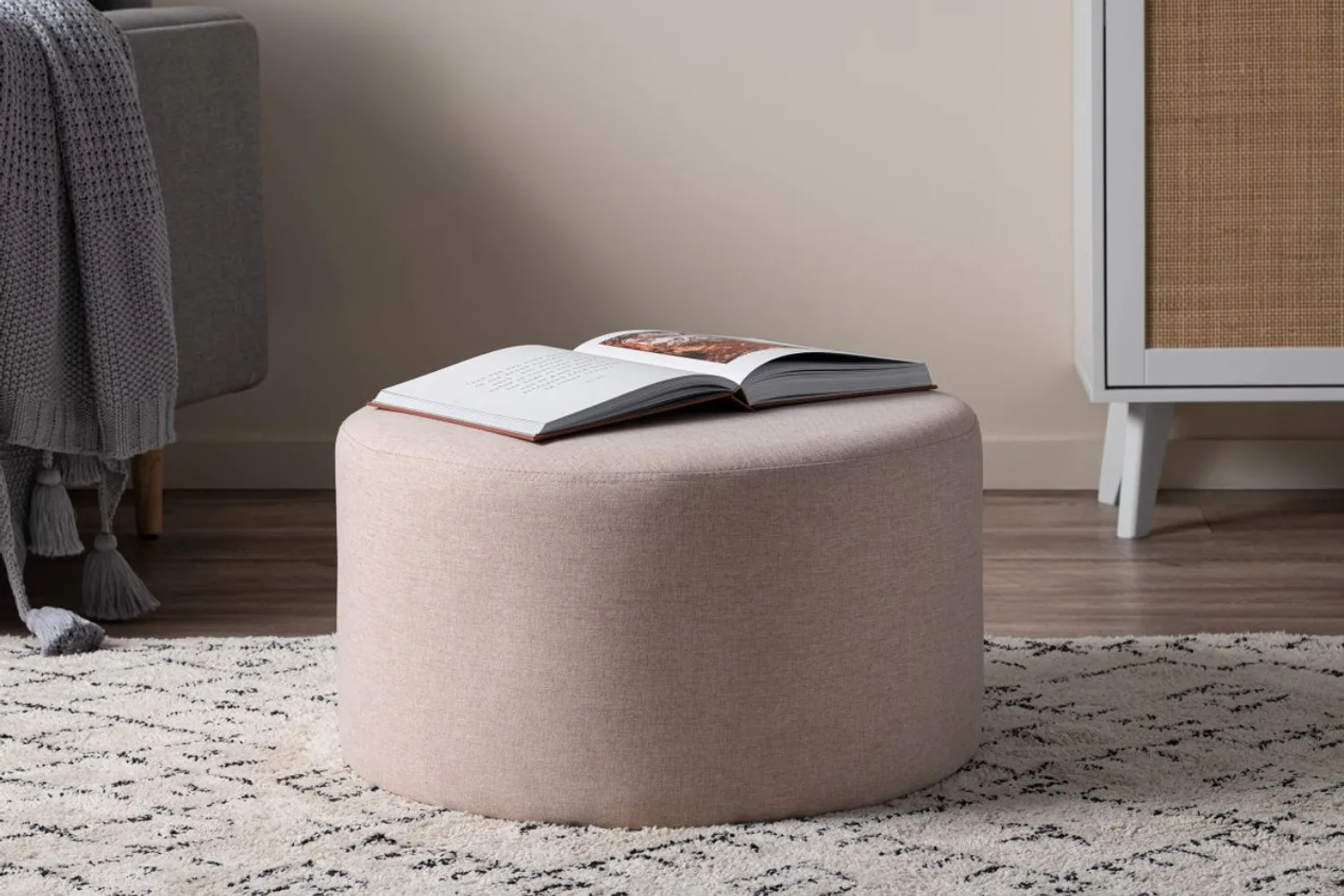 Linen Look Ottoman in Blush Pink, $129.99, Mocka