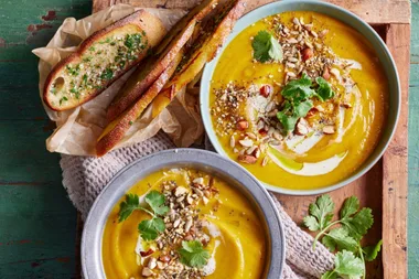 Moroccan-spiced carrot and cauliflower soup with dukkah bread dippers