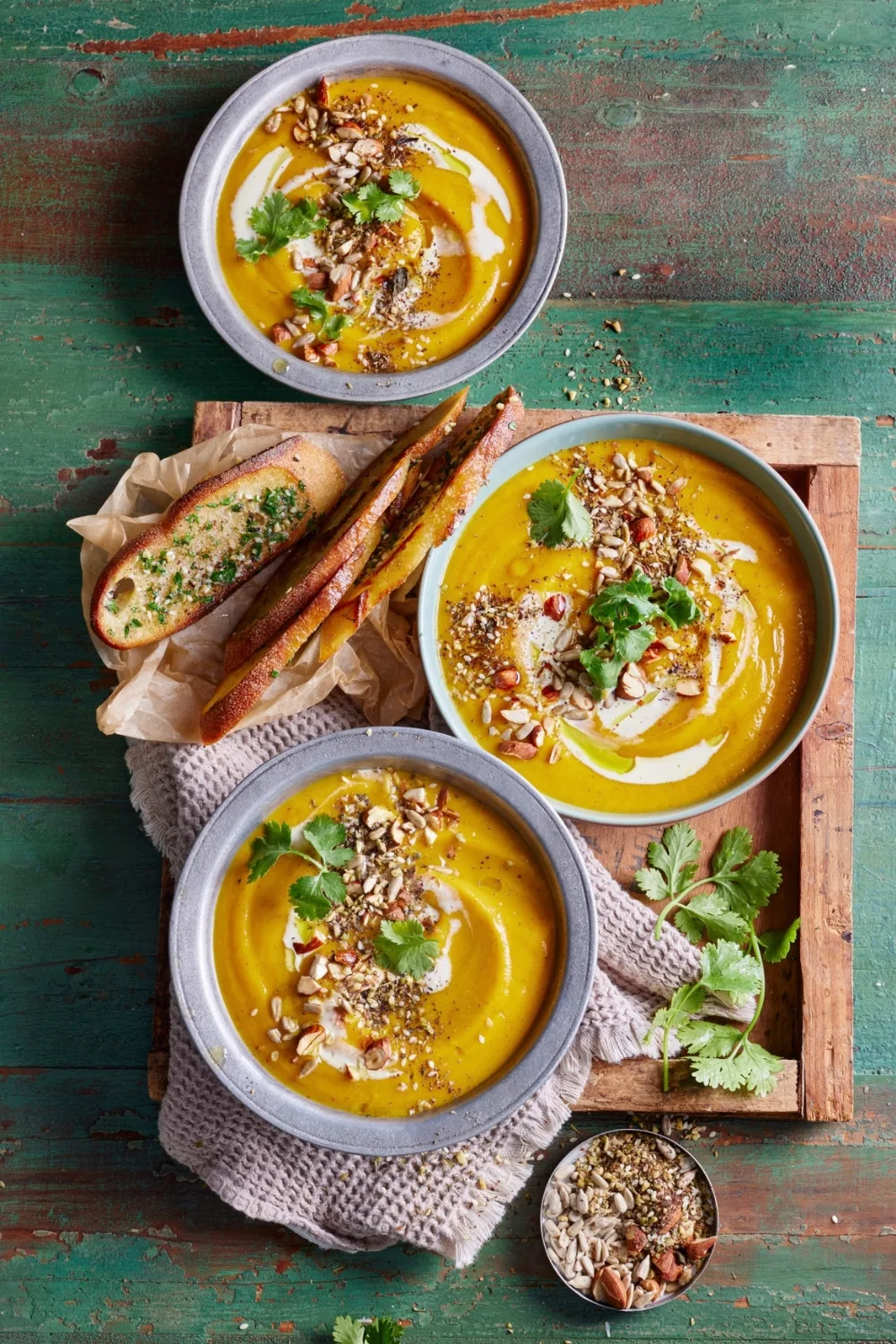 Moroccan-spiced carrot and cauliflower soup with dukkah bread dippers