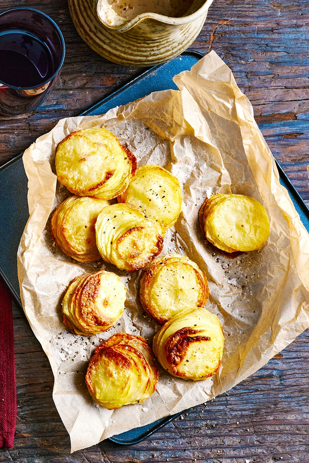 Air fryer roast beef with potato stacks and porcini sauce