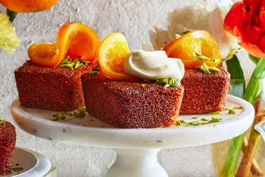 Orange, pistachio and honey polenta cakes