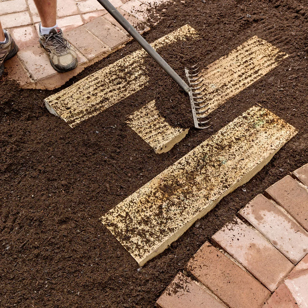 Infill area between steppers with soil mix, then rake to level.