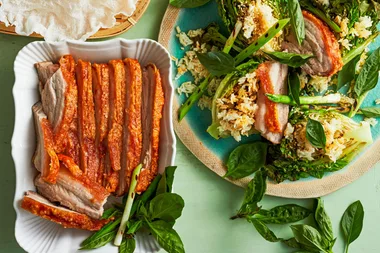 Crispy roast pork belly and crunchy rice