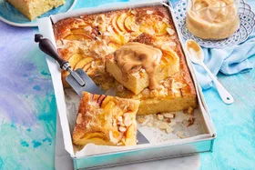 Peach tray bake with caramel custard