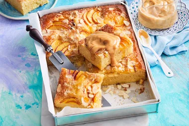 Peach tray bake with caramel custard