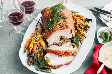 Sour cherry-stuffed pork loin with maple anise gravy