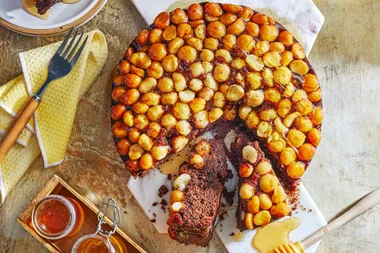 Sticky honey macadamia chocolate cake