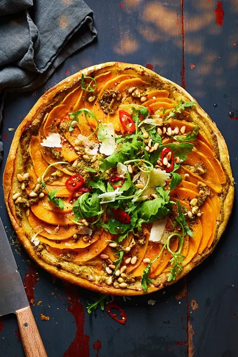 pumpkin pine nut chili pesto tart