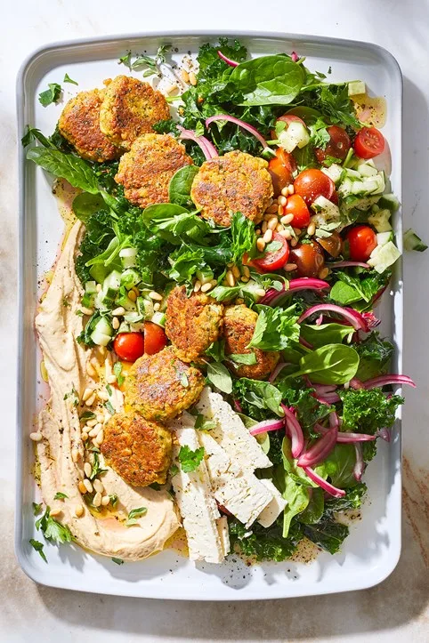felafel summer salad ideas for dinner with greens and barley underneath