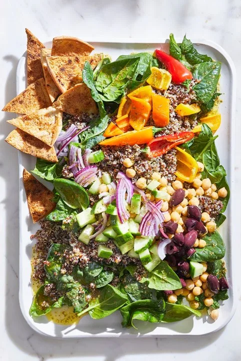 lemon feta salad with pita chips and grains