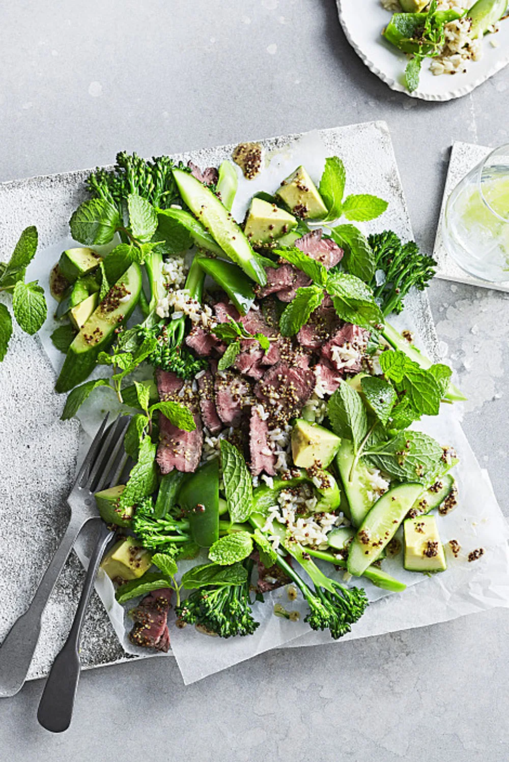 cucumber beef and brocollini salad and recipe with rice