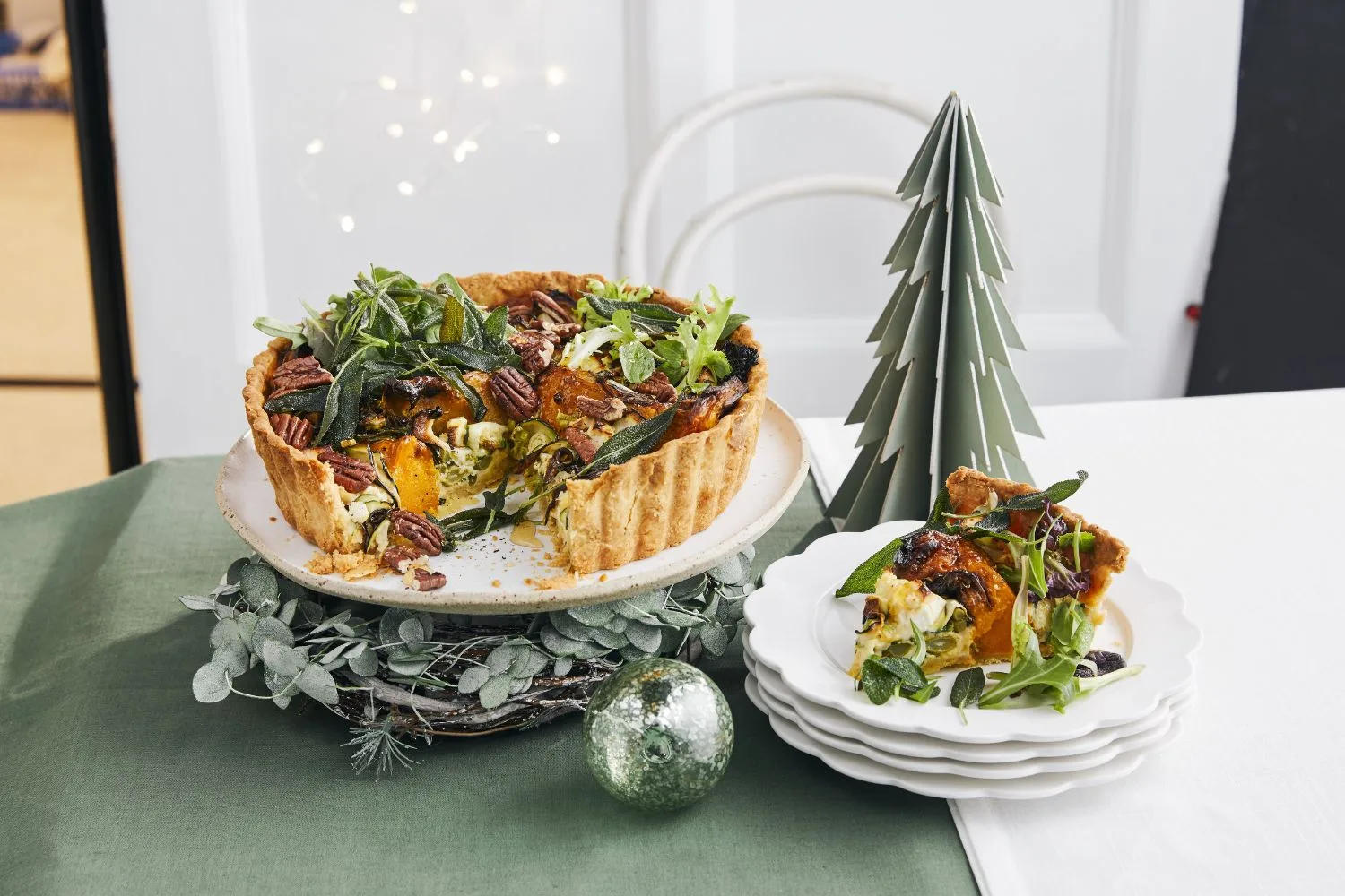 Cheddar pastry roast pumpkin and broccolini tart.