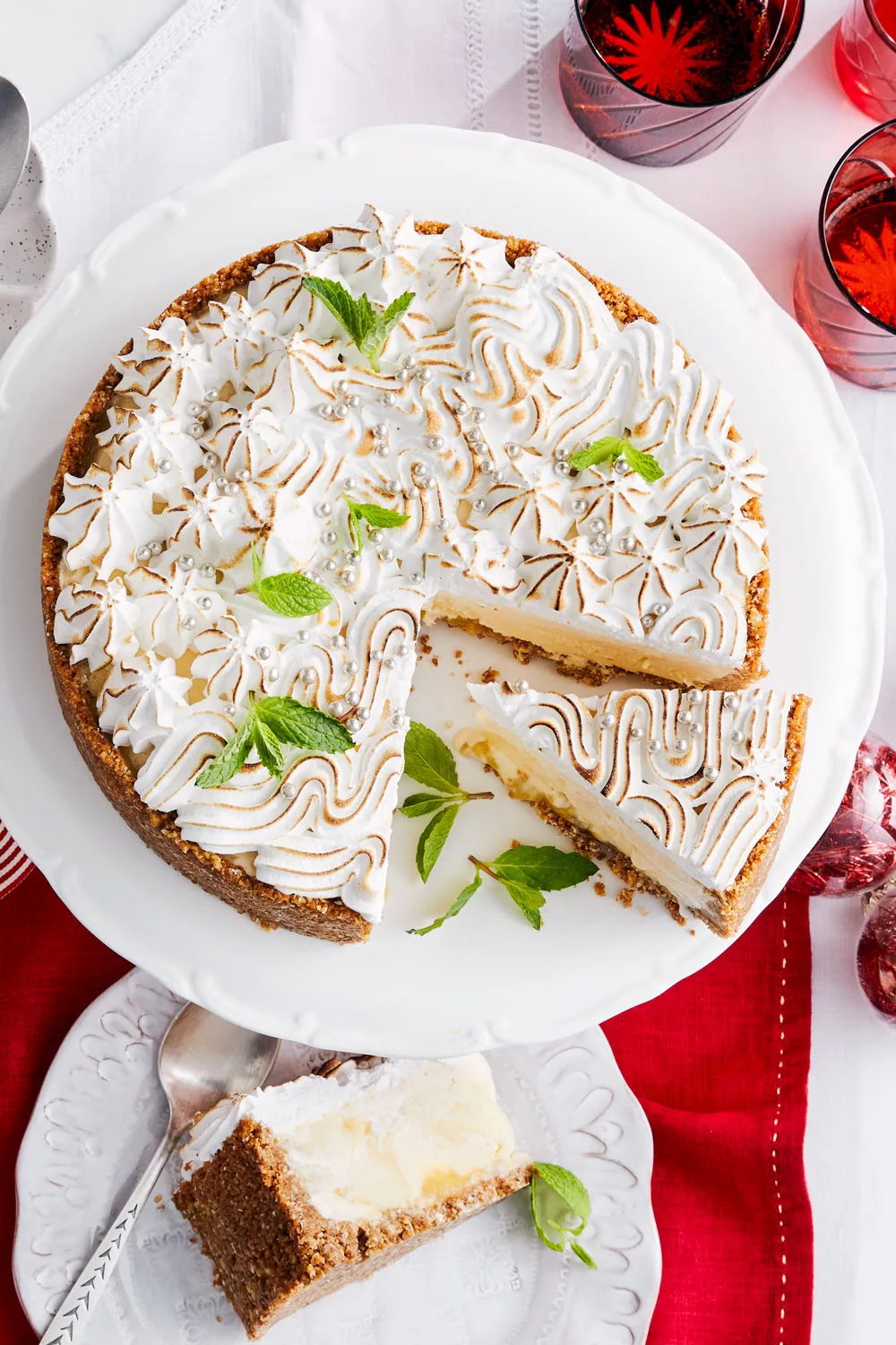 Ice cream pie sprinkled with mint leaves and cashous