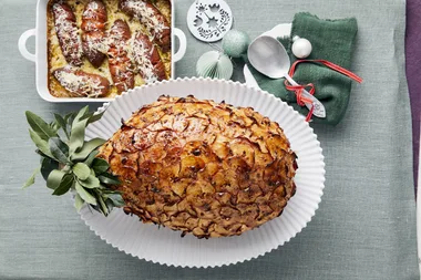 Toffee apple-glazed ham and creamy Hasselback sweet potatoes