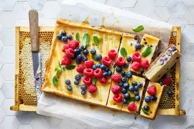 White chocolate and honey blueberry cheesecake slab
